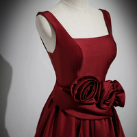 Burgundy Satin Long Prom Dress with Flower - Thumbnail 1