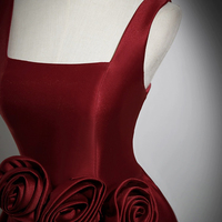 Burgundy Satin Long Prom Dress with Flower - Thumbnail 2