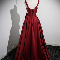 Burgundy Satin Long Prom Dress with Flower - Thumbnail 4