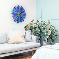 The Moon - stylish blue / purple / silver wooden wall clock with sunburst pattern, a piece of wall art