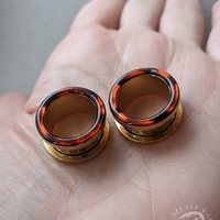 Tortoiseshell Tunnels - Orange Brown Black Mosaic Gauges for Stretched Ears - Thumbnail 2