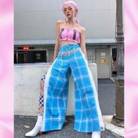 LOVETOOTRUE Stylish Blue Plaid Harajuku Slit Pants | Jfashion Korean Kpop | Y2k - Thumbnail 3