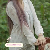 COTTON ON Stylish Rabbit Printed Long Sleeve Blouse Semi-Sheer Cute Print - Thumbnail 1