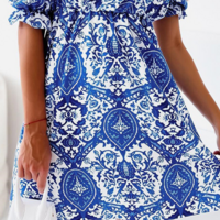 Blue Printed Casual Short Sleeve Dress - Thumbnail 2