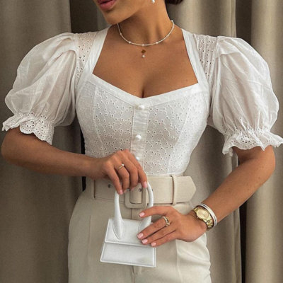 Solid Color White Bubble Sleeve Tight Fitting Lace Hollow Pattern Top