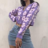 Flower Pastel Purple Knitted Jacket Cardigan - Thumbnail 1