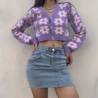 Flower Pastel Purple Knitted Jacket Cardigan - Thumbnail 2