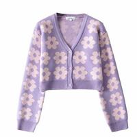 Flower Pastel Purple Knitted Jacket Cardigan - Thumbnail 3