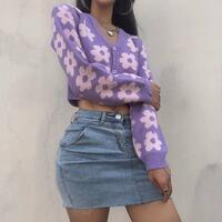 Flower Pastel Purple Knitted Jacket Cardigan - Thumbnail 4
