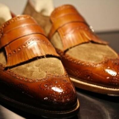 Men's brown leather wingtip pattern handmade double monk strap dress shoes, men formal shoes
