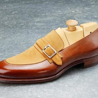 Men's brown leather handmade monk strap dress shoes, men formal shoes