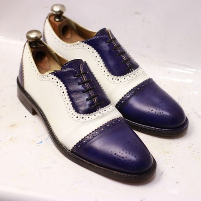Men's new handmade blue & white leather stylish cap toe, lace up style dress & formal wear shoes