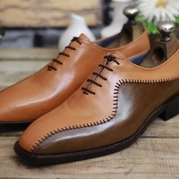 New Handmade Men's Two Tone Tan & Brown Leather Lace Up Stylish Dress & Formal Wear Shoes - Thumbnail 1