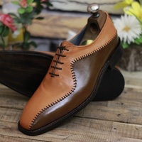 New Handmade Men's Two Tone Tan & Brown Leather Lace Up Stylish Dress & Formal Wear Shoes - Thumbnail 2