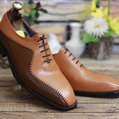New handmade men's two tone tan & brown leather lace up stylish dress & formal wear shoes