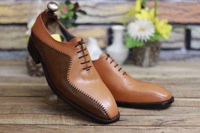 New Handmade Men's Two Tone Tan & Brown Leather Lace Up Stylish Dress & Formal Wear Shoes