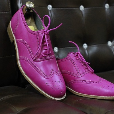 New men's handmade formal shoes hot pink leather lace up style wing tip dress & formal wear shoes