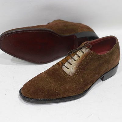 Men's handmade leather shoes brown crocodile leather & suede cap toe style lace up dress & casual wear shoe's