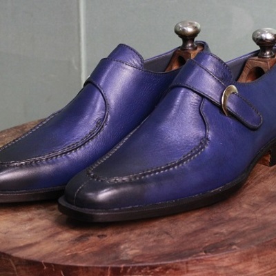 Men's handmade leather shoes two tone blue leather stylish single monk strap dress & formal wear shoes