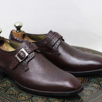 New Men's Handmade Leather Shoes Dark Brown Textured Leather Buckle Strap Stylish Slip On Dress & Formal Shoes - Thumbnail 1