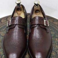 New Men's Handmade Leather Shoes Dark Brown Textured Leather Buckle Strap Stylish Slip On Dress & Formal Shoes - Thumbnail 2