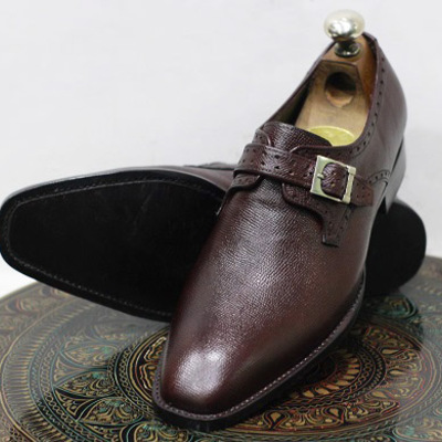 New men's handmade leather shoes dark brown textured leather buckle strap stylish slip on dress & formal shoes
