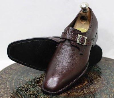 New Men's Handmade Leather Shoes Dark Brown Textured Leather Buckle Strap Stylish Slip On Dress & Formal Shoes