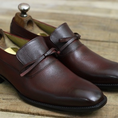 New men's handmade leather shoes burgundy brown leather loafer slip on dress & moccasin shoes - Thumbnail 1