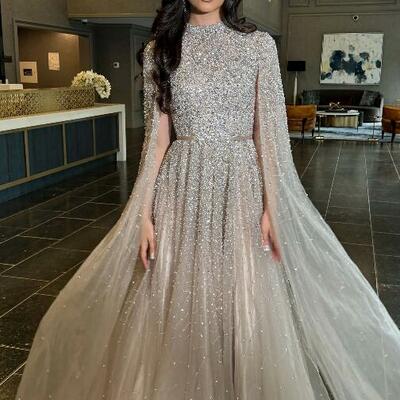 Sexy modest long drape sleeves prom dress with beaded - Thumbnail 2