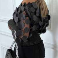Black Mesh One-Shoulder Puff-Sleeve Shirt - Thumbnail 2