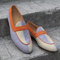 Crafted Leather Bespoke Custom Men Moccasin Dress Shoes Blue Beige Linen Fabric Belgian Loafers - Thumbnail 1