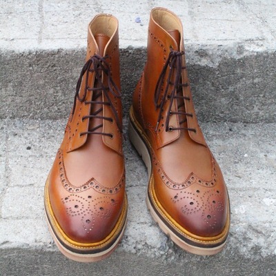 Crafted leather bespoke men's handmade custom shoes tan calf-skin leather military wingtip brogue dress boots