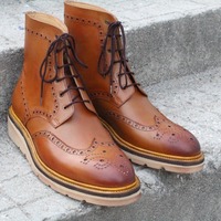 Crafted Leather Bespoke Men's Handmade Custom Shoes Tan Calf-Skin Leather Military Wingtip Brogue Dress Boots - Thumbnail 1