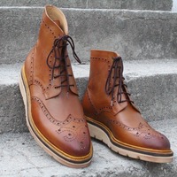 Crafted Leather Bespoke Men's Handmade Custom Shoes Tan Calf-Skin Leather Military Wingtip Brogue Dress Boots - Thumbnail 3