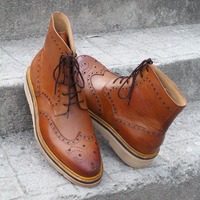 Crafted Leather Bespoke Men's Handmade Custom Shoes Tan Calf-Skin Leather Military Wingtip Brogue Dress Boots - Thumbnail 4