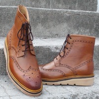 Crafted Leather Bespoke Men's Handmade Custom Shoes Tan Calf-Skin Leather Military Wingtip Brogue Dress Boots - Thumbnail 5