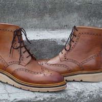 Crafted Leather Bespoke Men's Handmade Custom Shoes Tan Calf-Skin Leather Military Wingtip Brogue Dress Boots - Thumbnail 6