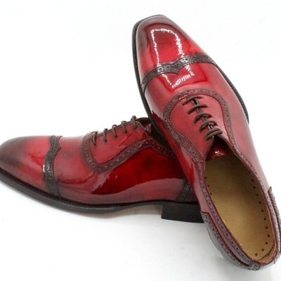 Crafted leather handmade men burgundy oxford wingtip lace up dress shoes  - Thumbnail 4