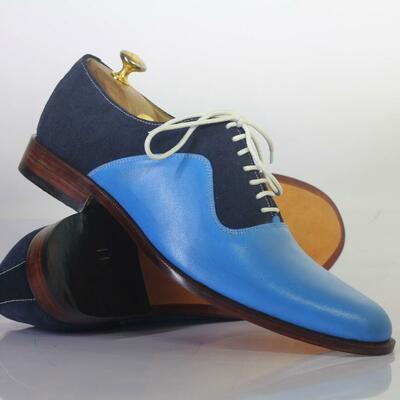 Handmade blue & navy blue lace up casual leather suede shoes for men's