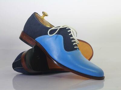 Handmade Blue & Navy Blue Lace Up Casual Leather Suede Shoes For Men's