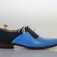 Handmade Blue & Navy Blue Lace Up Casual Leather Suede Shoes For Men's - Thumbnail 1