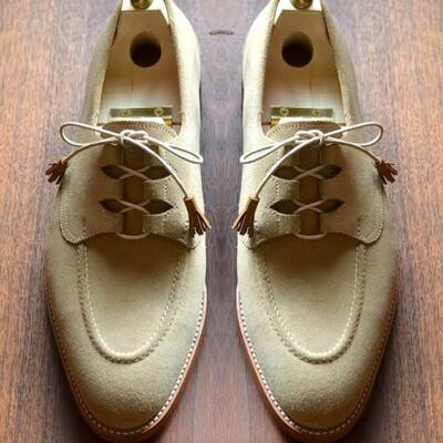 Beige suede criss cross lace up dress shoes for men's handmade shoes
