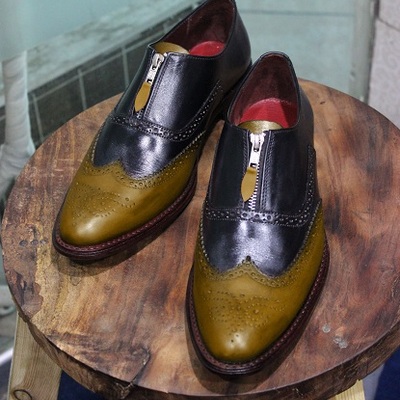 Men's handmade leather black & brown leather stylish front zipper style wing tip casual & dress wear boots