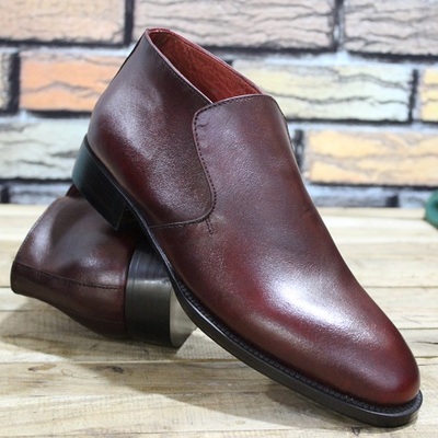 New men's handmade stylish shoes burgundy leather plain slip on moccasin formal & dress wear boots - Thumbnail 2