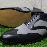 Men's New Handmade Formal Shoes Black Leather Grey Suede Wing Tip Style Lace Up Dress Shoes - Thumbnail 1