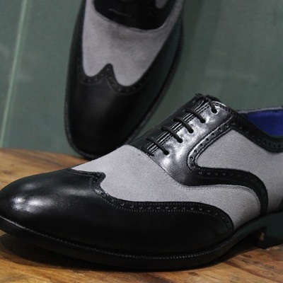 Men's new handmade formal shoes black leather grey suede wing tip style lace up dress shoes