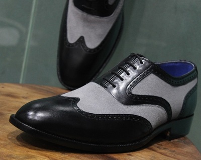 Men's New Handmade Formal Shoes Black Leather Grey Suede Wing Tip Style Lace Up Dress Shoes