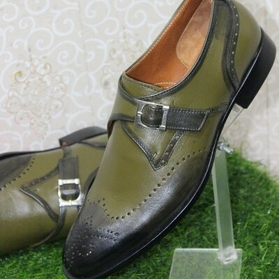 New men's handmade formal shoes two tone green leather single monk wing tip style dress & casual wear shoes