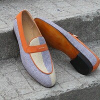 Crafted Leather Bespoke Custom Men Blue Beige Linen Fabric Belgian Loafers Dress Shoes - Thumbnail 1