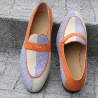 Crafted Leather Bespoke Custom Men Blue Beige Linen Fabric Belgian Loafers Dress Shoes - Thumbnail 3